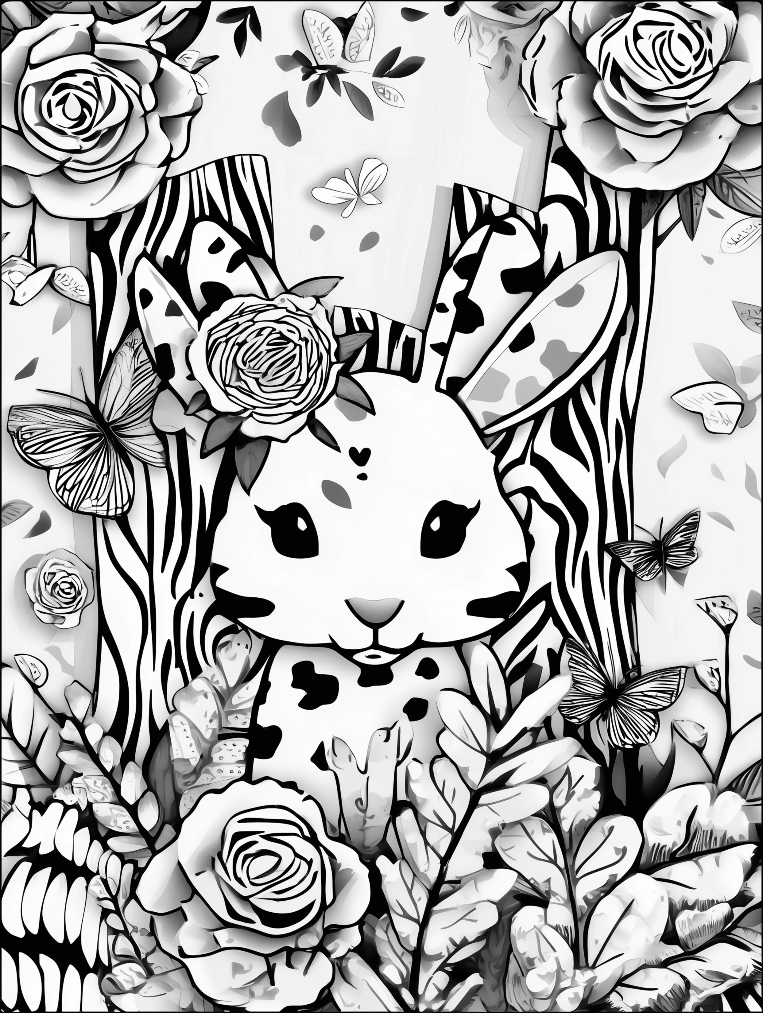 Free printable rabbit coloring page for adults featuring a bunny hiding behind plants